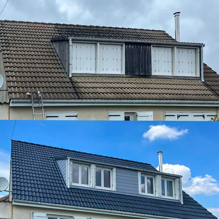 Extérieur résidentiel montrant travaux de toiture avec échelle métallique positionnée contre gouttière