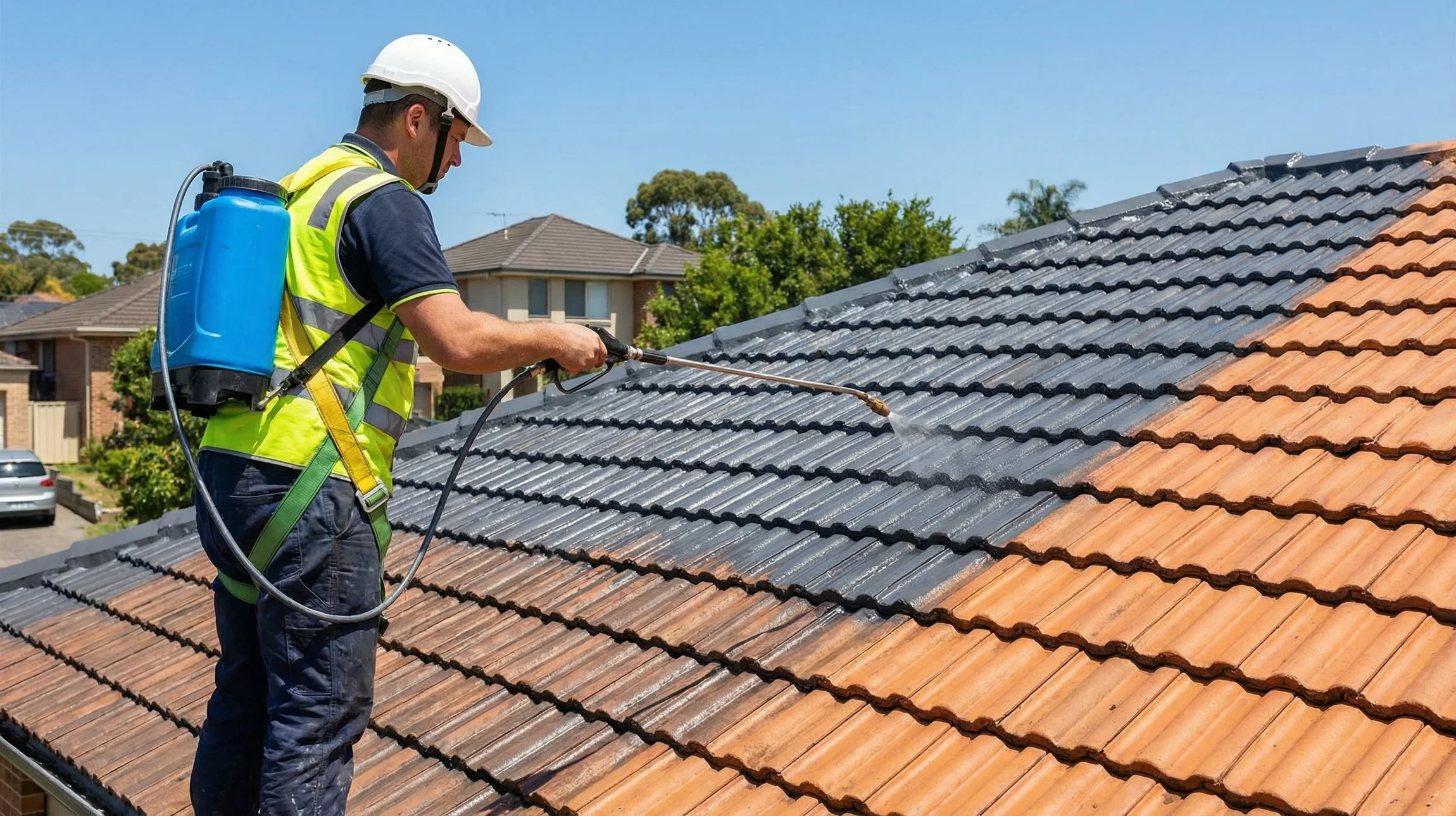 Toiture en tuiles mécaniques rouge-orangé avec quatre lucarnes à châssis vitrés intégrés