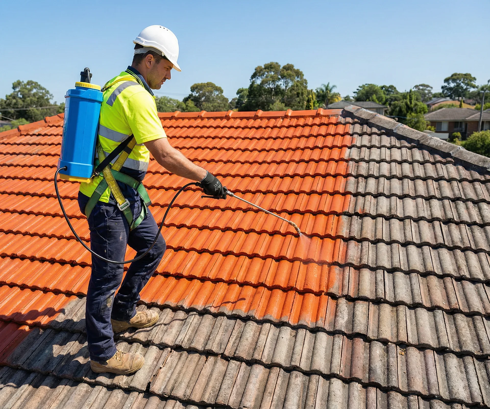 Extérieur d'une habitation montrant la toiture en tuiles terre cuite et système d'évacuation des eaux pluviales
