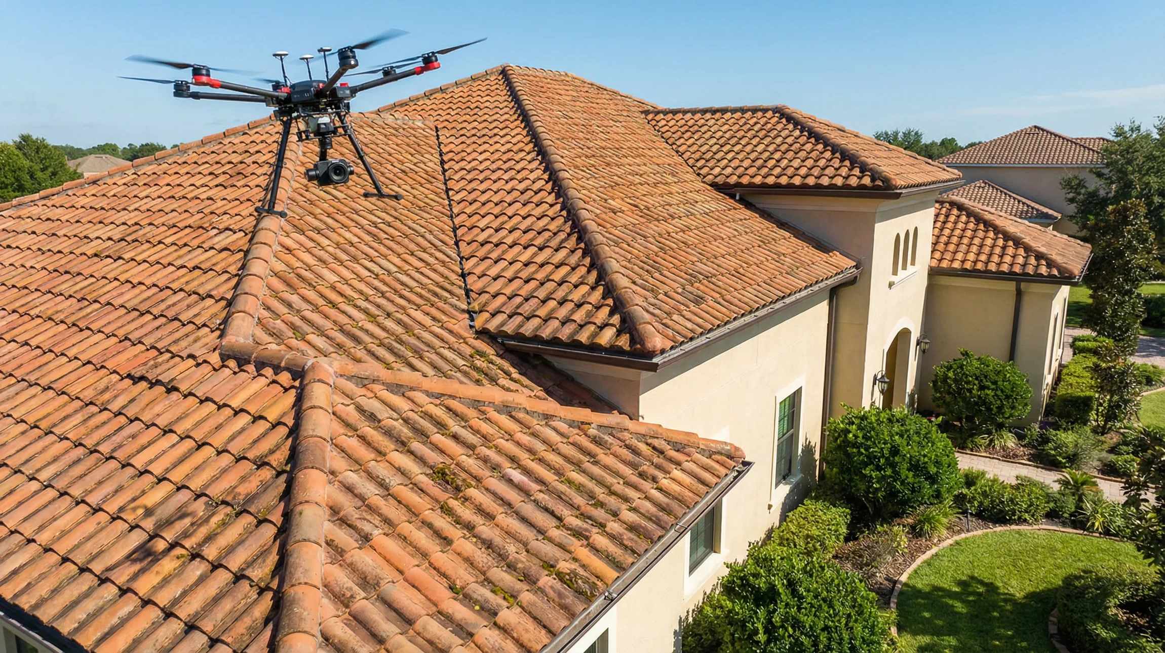 Vue aérienne d'un village viticole avec vignobles en rangs ordonnés, bâtiments traditionnels en pierre, château viticole avec tour cylindrique blanche